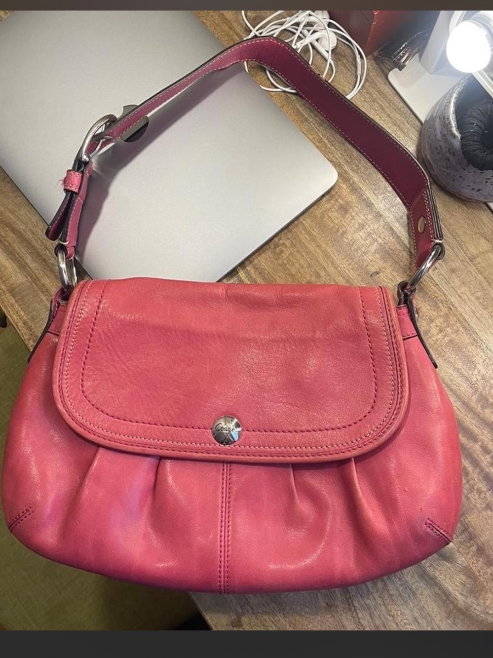 Coach Pink Red Leather Shoulder Bag with Front Flap